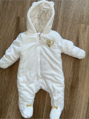 Juicy Couture White Plush Hooded Baby One-Piece with Gold Accents